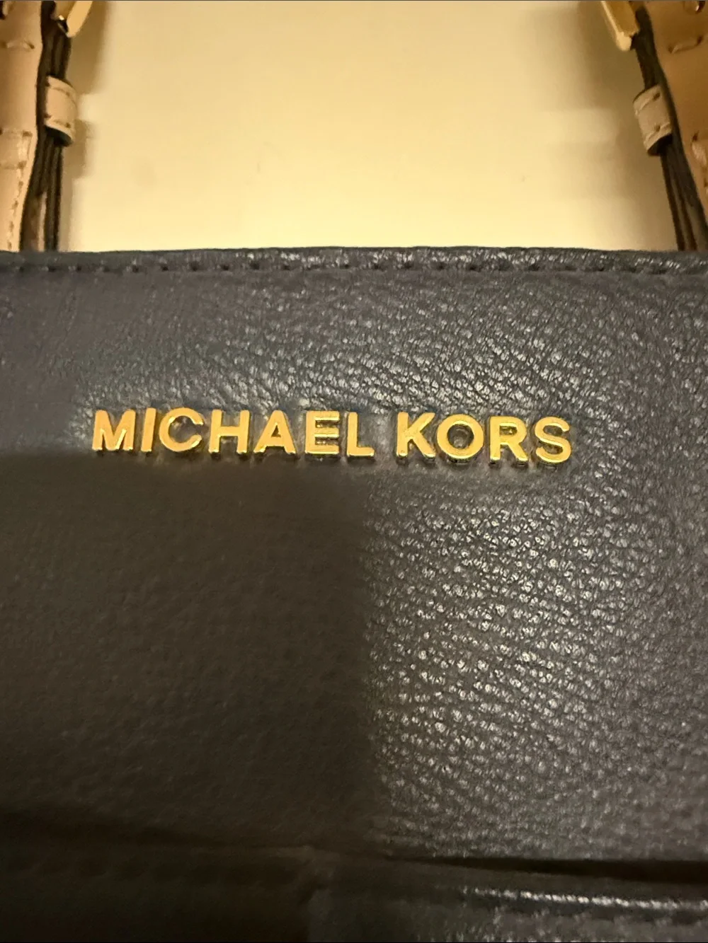 Michael Kors Navy Leather Tote with Beige Straps